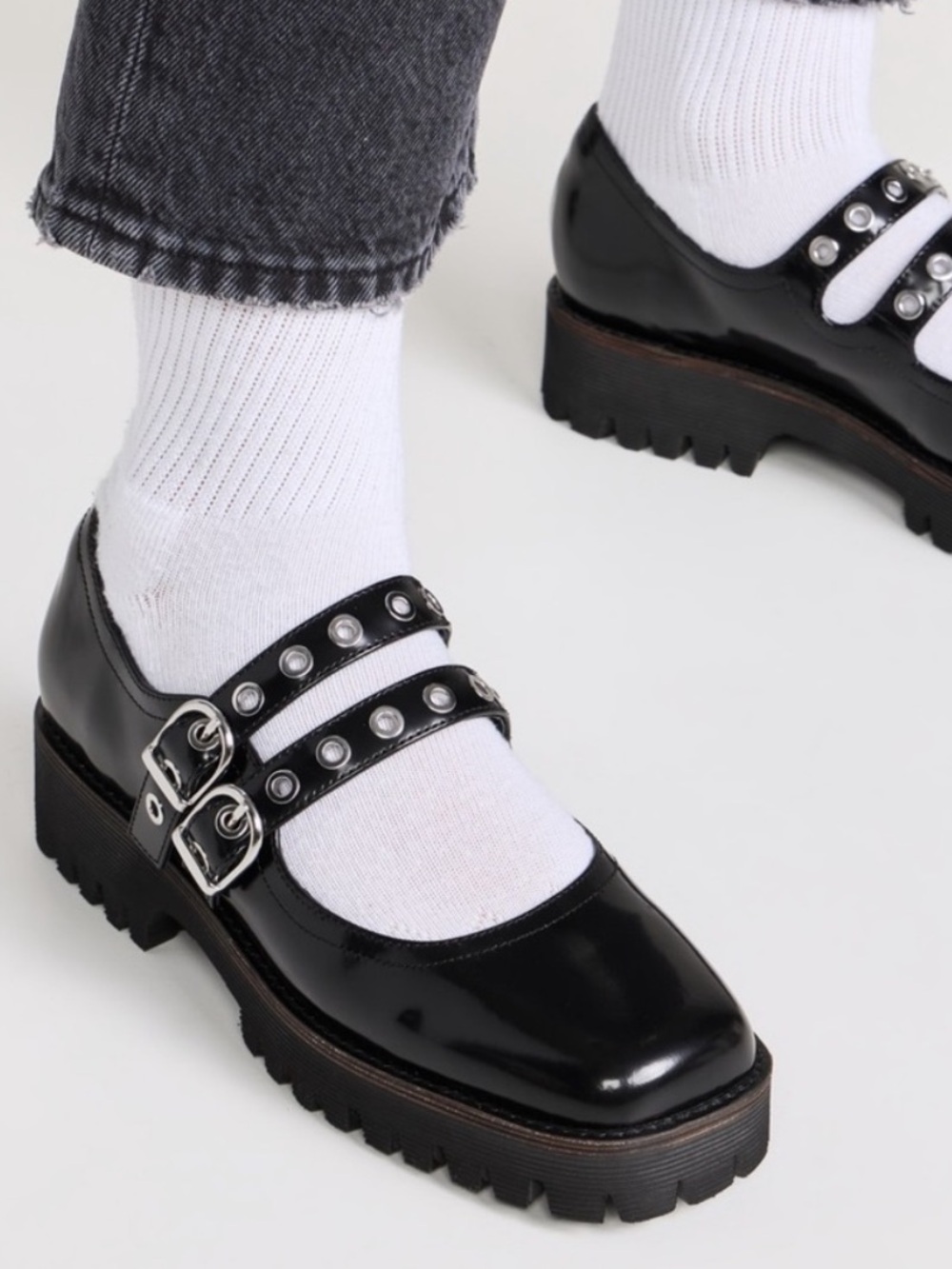 Intentionally Blank Black Patent Leather Studded Double-Strap Mary Jane Shoe 9